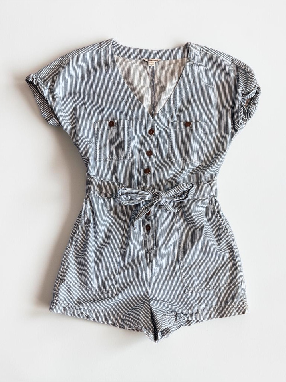 American Eagle Striped Tie Waist Romper XS Blue & White Button Front
